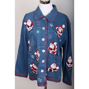 Karen Hart Santa Denim Blue Jean Jacket Coat Women's Size M